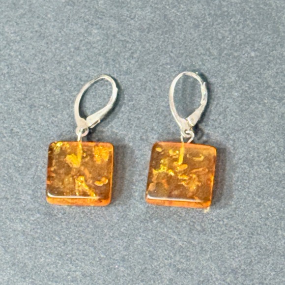 Vintage Natural Amber Square Dangle Earrings Leverback Silver Gemstone Jewelry - Picture 2 of 16